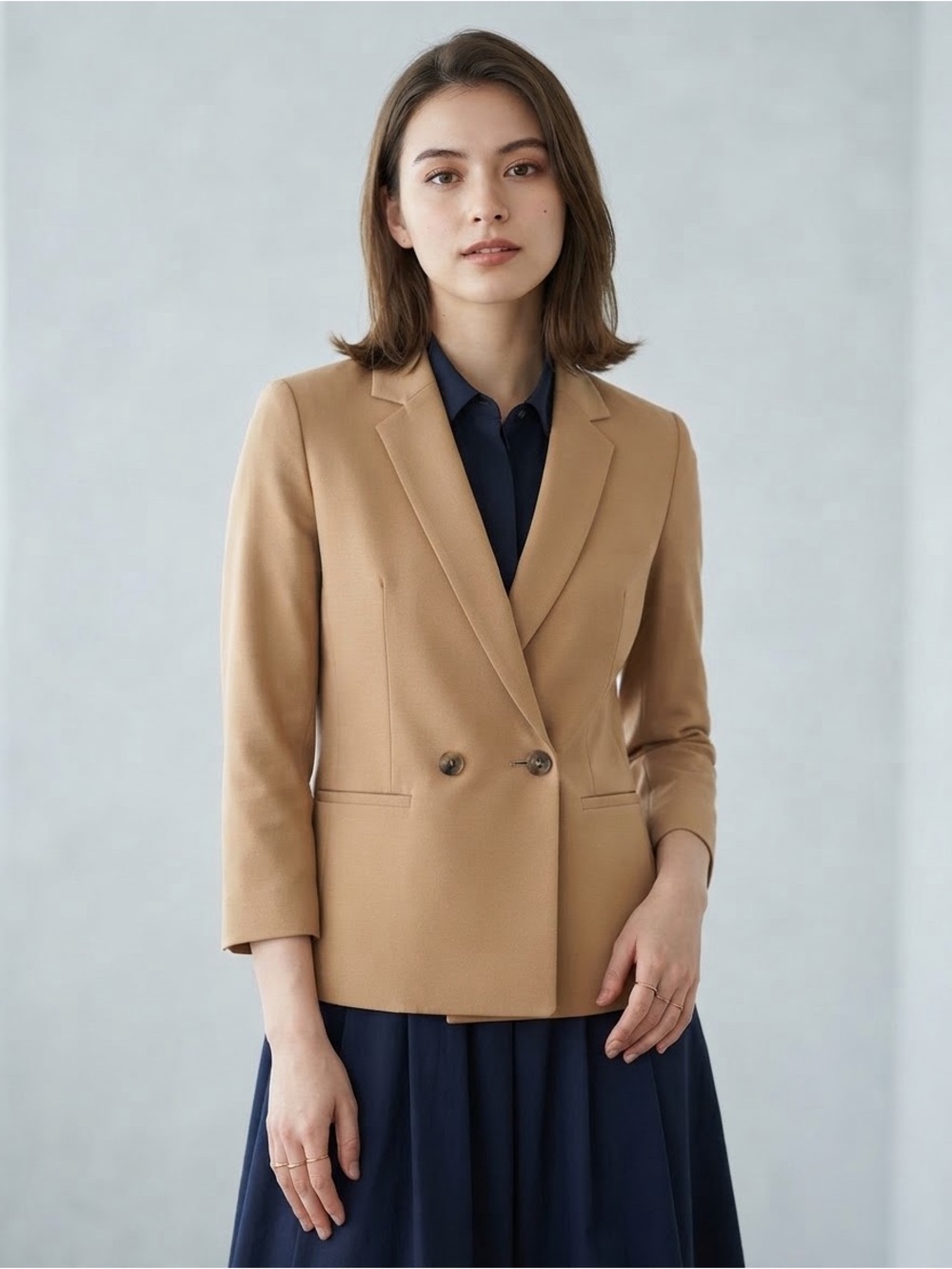 Express Petite XS Camel Tan Stretchy Double Breasted Blazer Jacket